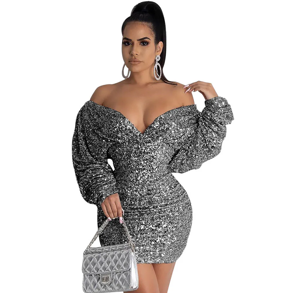 

Sexy Off The Shoulder Sequin Dress Women Slash Neck Sparkly Glitter Mini Dress Elegant Night Out Club Wear Bodycon Party Dresses