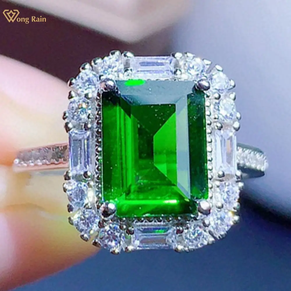 

Wong Rain Classic 100% 925 Sterling Silver Emerald Cut 7*9 MM Natural Diopside Gemstone Wedding Engagement Ring Fine Jewelry