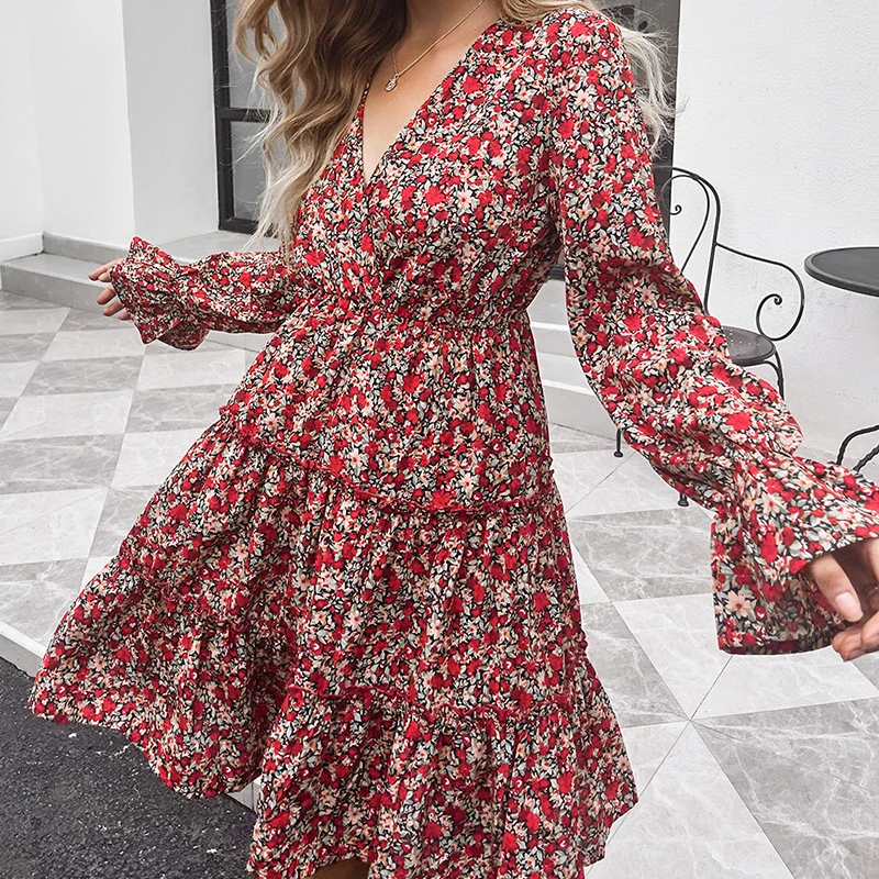 

CARDE HOMES Autumn 2021 New Long Sleeves Solid Pullover Flower Red Women Dress Elastic Waist Fashion Casual Skirt Longuette