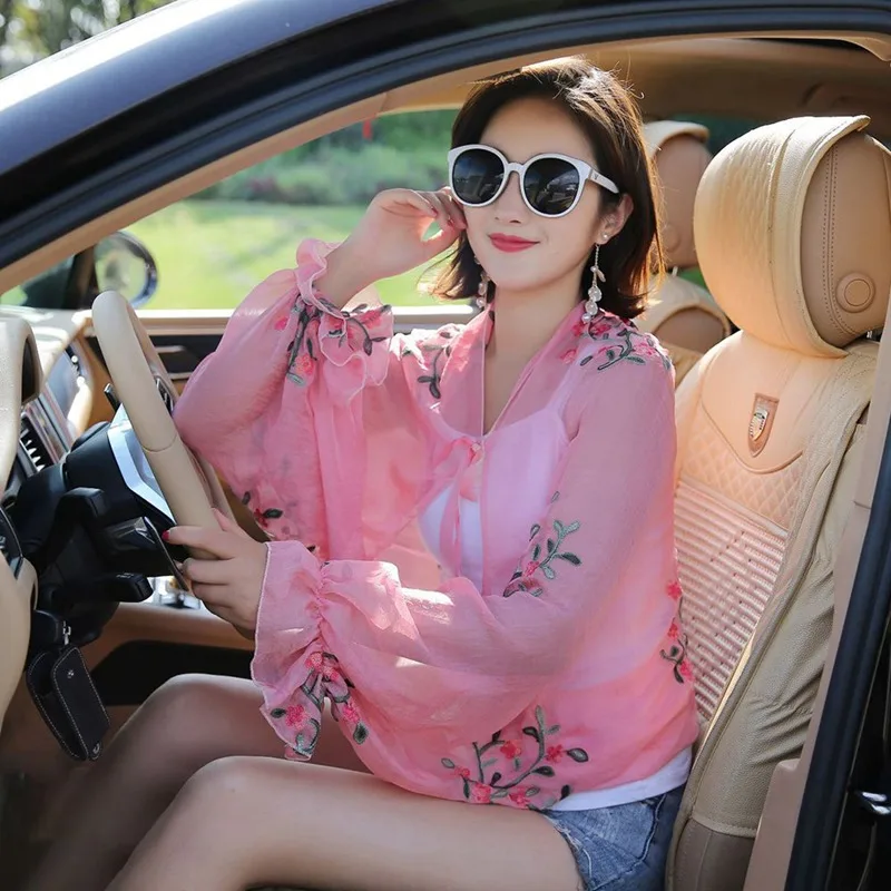 

Summer Sunscreen Shawls Chiffon Ruffles Long Sleeve Scarf Women Driving Floral Lace Sunproof Poncho for Camping Hiking