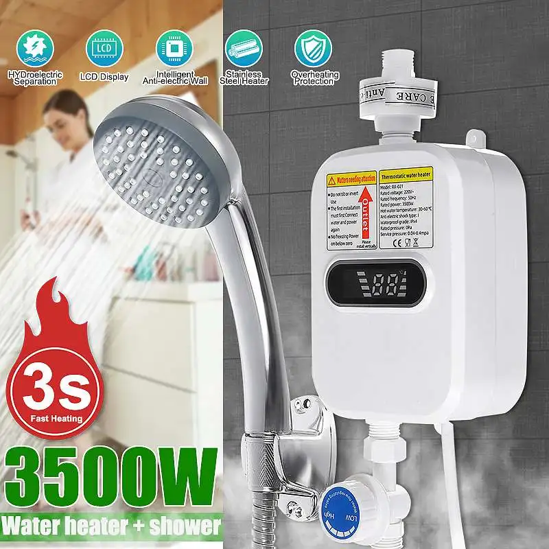 

3500W Instant Electric Water Heater 3S Heating Bathroom Kitchen Tankless Water Heater Temperature Display Heating Shower