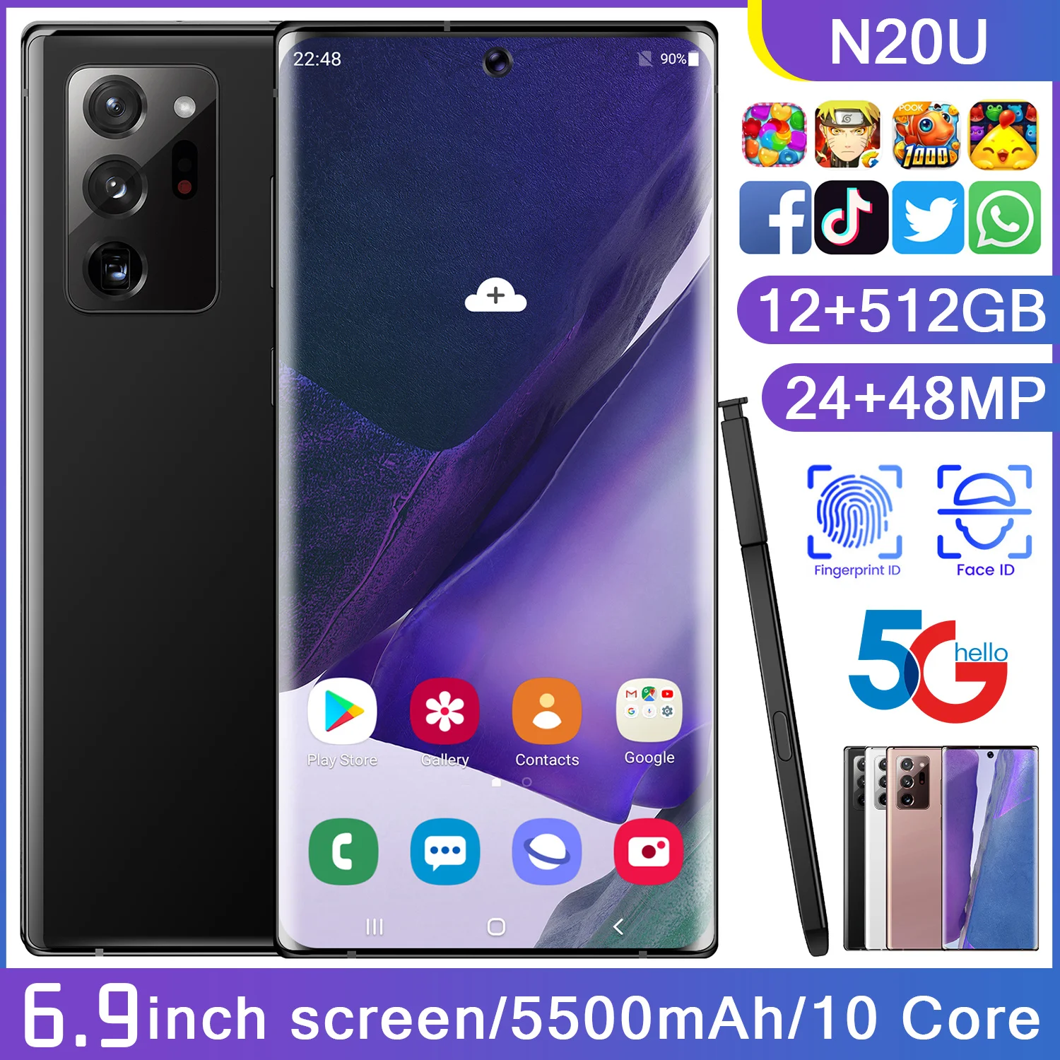 

Nova versão Global N20U Smartphone android Desbloqueado 12GB 512GB 6.9 polegada 5G 4G telefone celular celulares telefones