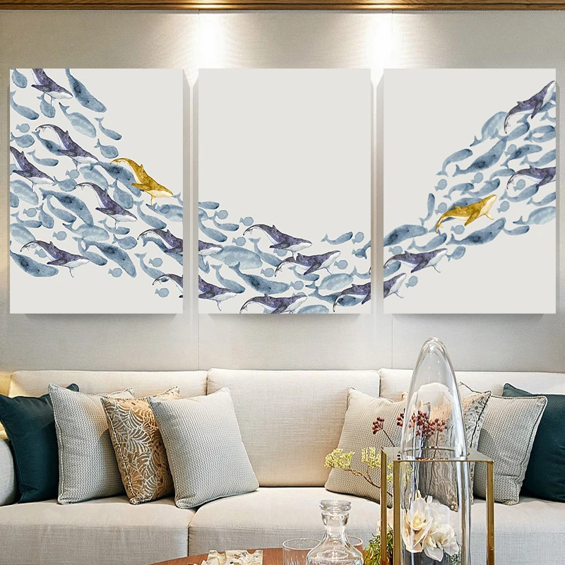 

3 Panel Fish Canvas Picture light blue gold abstract Canvas Art Painting For Cafe dinning Room Hotel Wall Decor