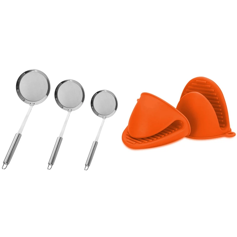 

1 Pair Oven Mini Mitts Silicone Heat Resistant Anti-Scald Gloves & 3Pcs Stainless Steel Food Filter Kitchen Sieve Set