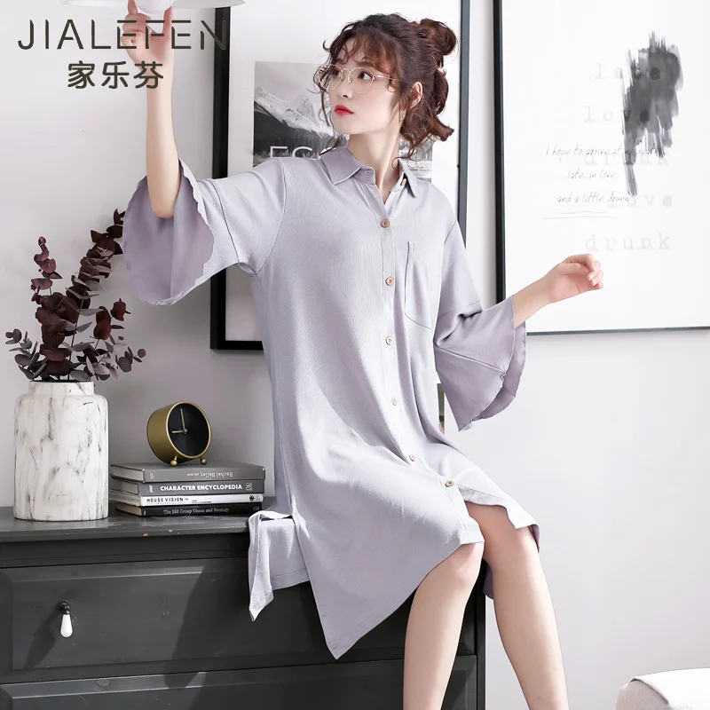 

Nightdress Women's Spring and Autumn Modal Cotton Mid-Sleeved Summer Shirt Pajamas Skirts Thin Long Dress Long Loose