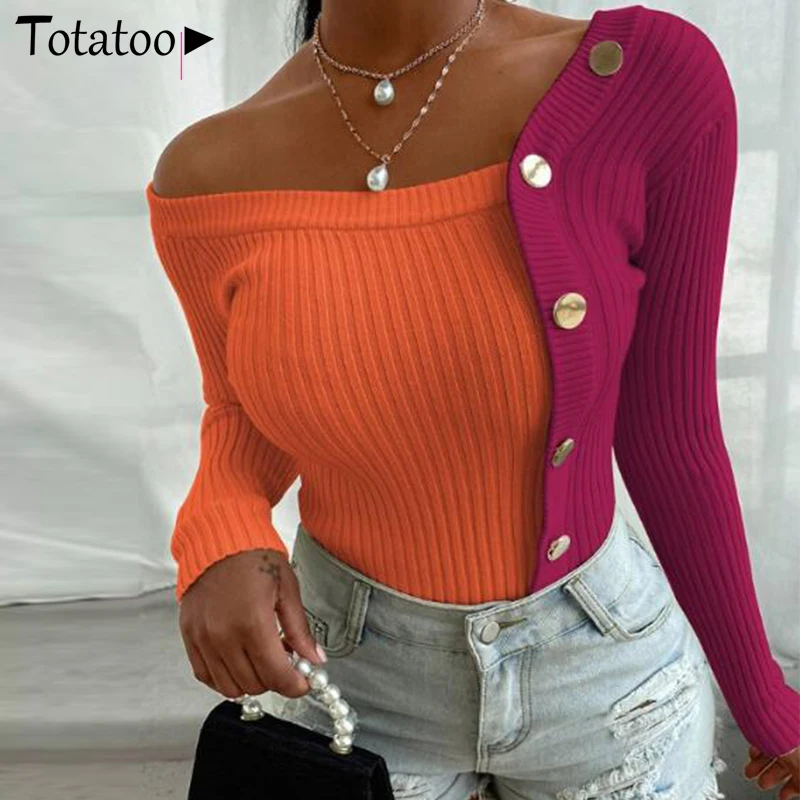 

Totatoop Sexy Off Shoulder Buttons Knitted Sweaters Women 2020 Autumn Winter Colors Contrast Skinny Sweater Tops