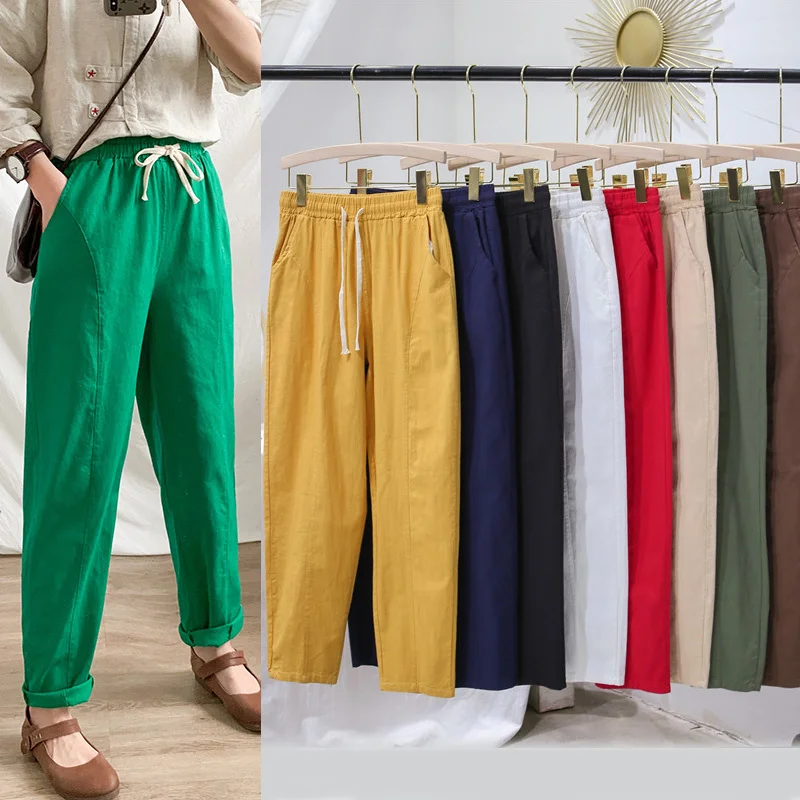 

Casual women's trousers of cotton, long trousers of solid linen with elastic on the waist, plus size