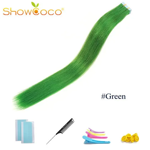 Green-20 Pcs ShowCoco лента в Пряди человеческих волос для наращивания натурального волос 20/40 шт, смешанные цвета, Цвет горячие головы для наращивания блеск коричневого до блондинка ленточных накопителей - Цвет: Green-20 Pcs