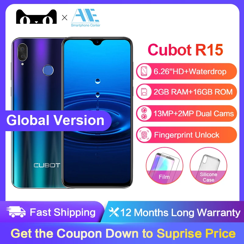 Cubot R15 6 26 'ཏ:9 2GB 16GB MT6580P четырехъядерный смартфон отпечаток пальца Android 9 0 экран