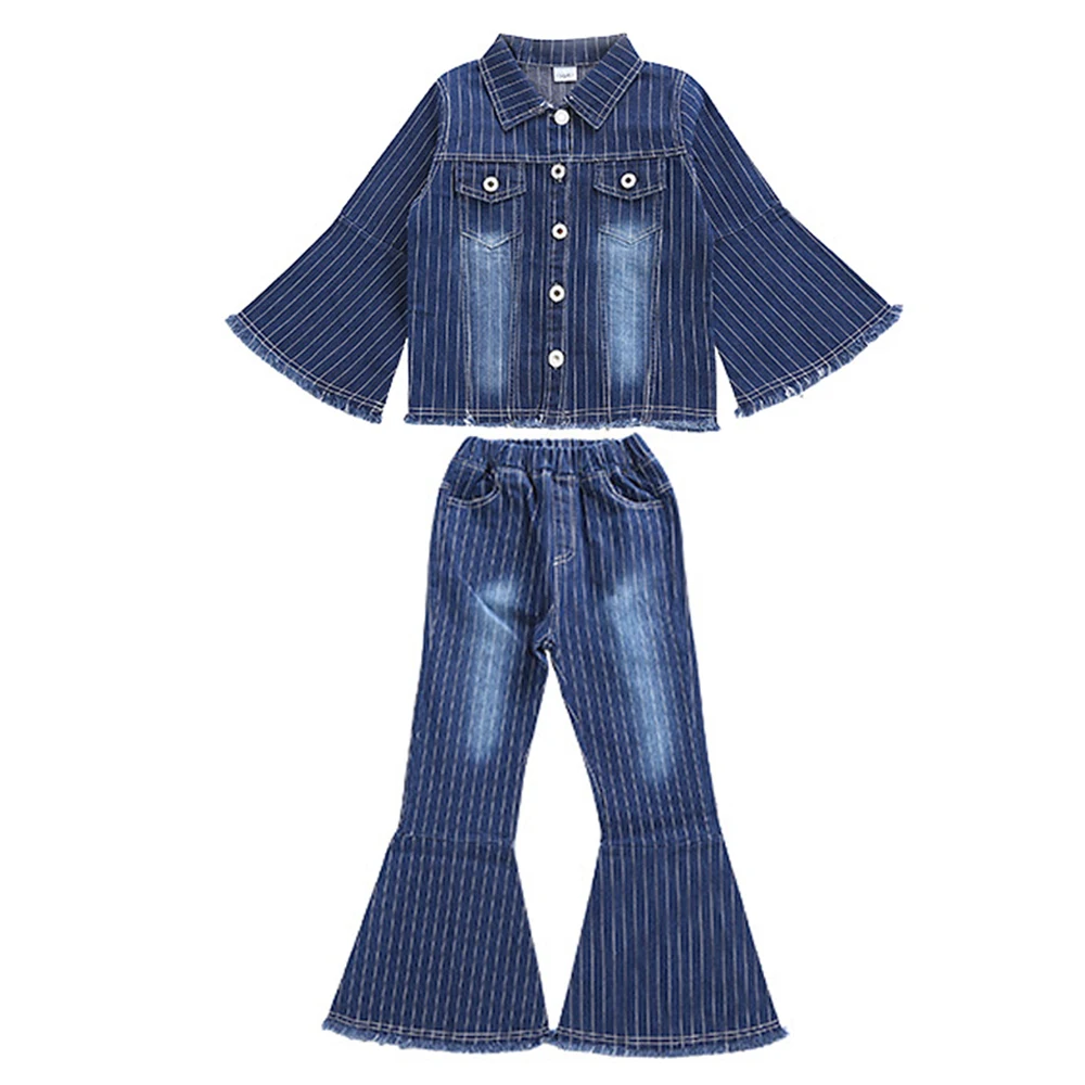 Детский джинсовый комплект для девочек модные джинсы в полоску с