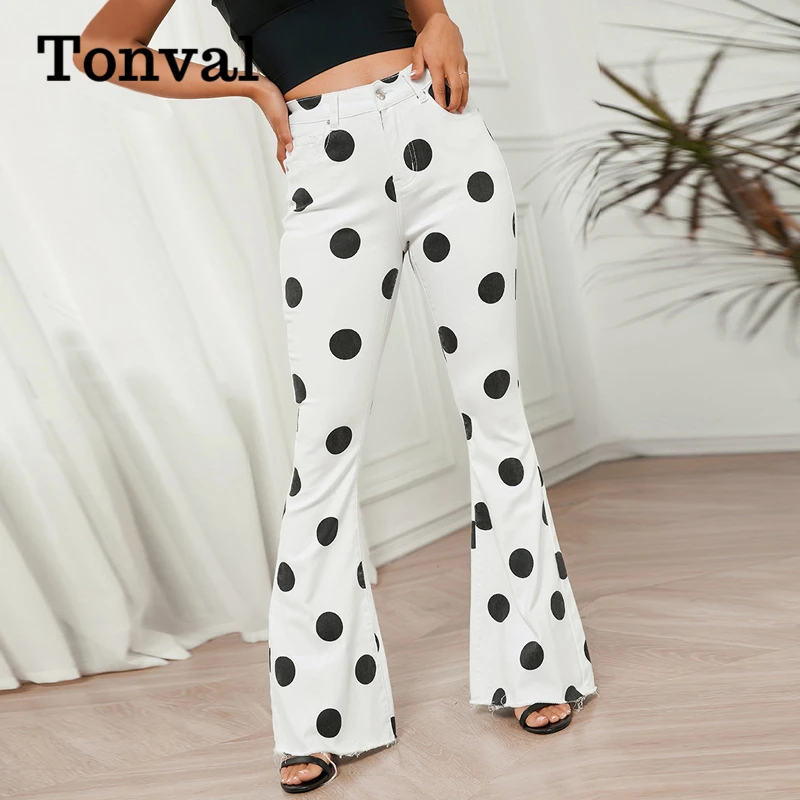 

Tonval High Waist Skinny Flare Jeans Vintage Fashion Polka Dot Raw Hem Denim Pants Women 2021 Autumn Streetwear Fitted Jeans