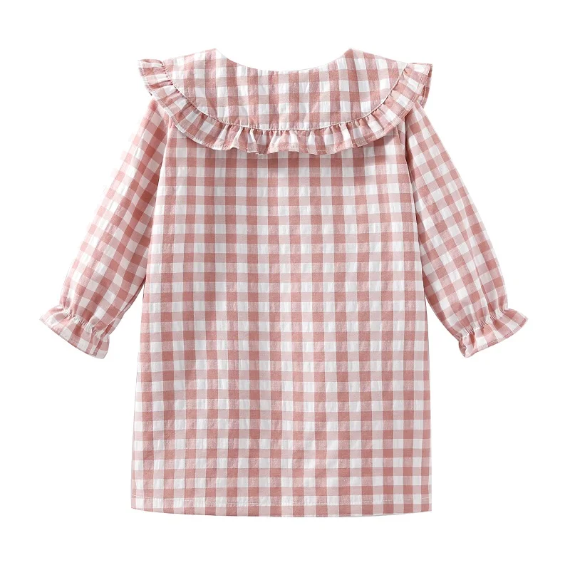Mudkingdom Ruffle Collar Girls Nightgowns Plaid Long Sleeve Toddler Pajamas Dress Peter Pan Cute Sleep Shirts Girl Homewear