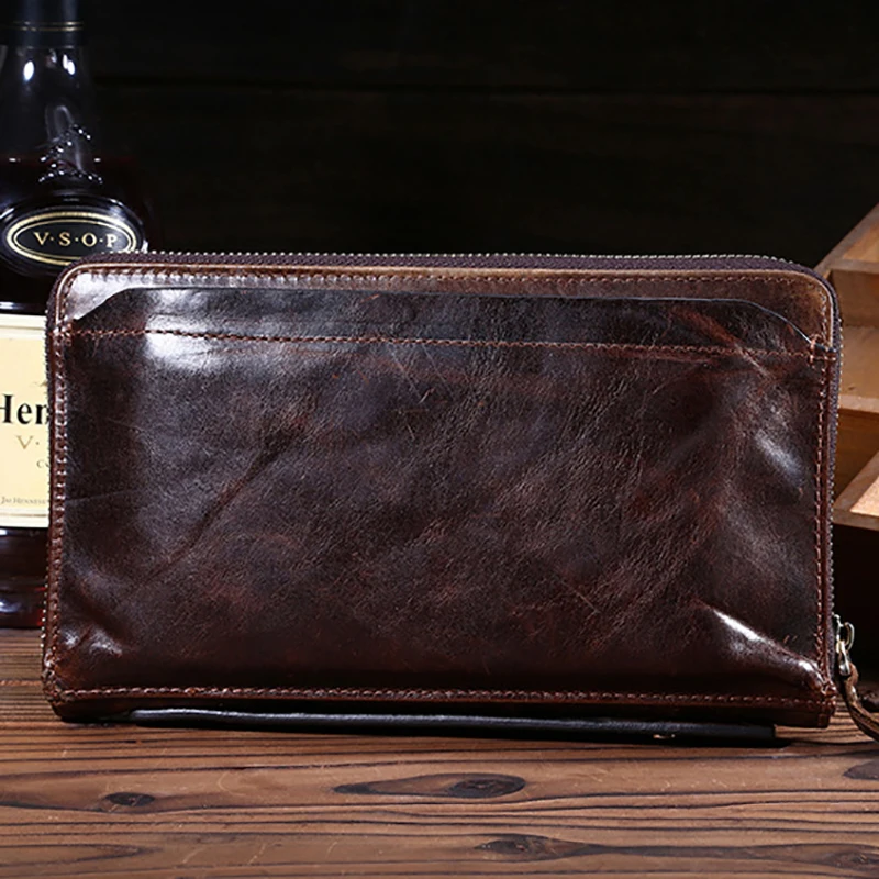 Кошелек мужской из натуральной кожи винтажный удлиненный клатч вощеной воловьей