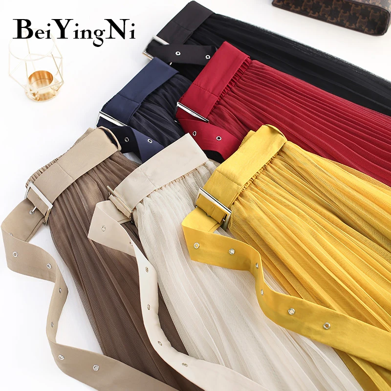 

Beiyingni Tulle Mesh Midi Pleated Skirts Womens Belt Solid Color Elegant 2021 Fashion Casual Spring Summer Maxi Faldas Female