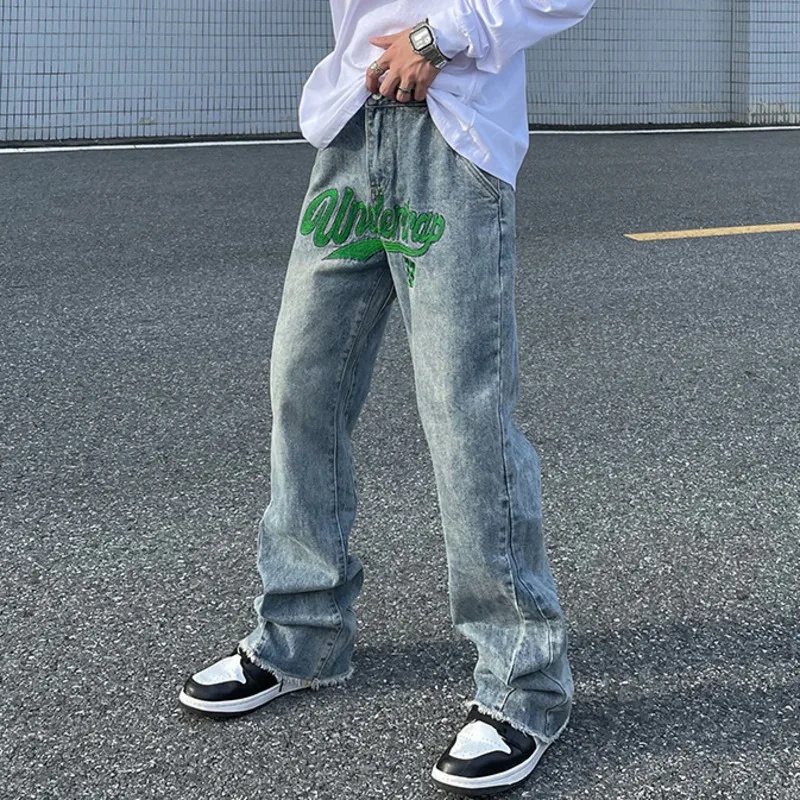 

High Street Letter Embroidery Washed Distressed Jeans Men and Women Retro Casual Micro-flared Pants Hip Hop Loose Denim Trousers
