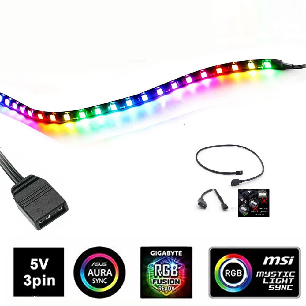 

Addressable Rainbow PC Digital LED Strip Tape for 5V 3pin ARGB Header PC Case Asus Aura Sync Gigabyte RGB Fusion MSI Mystic