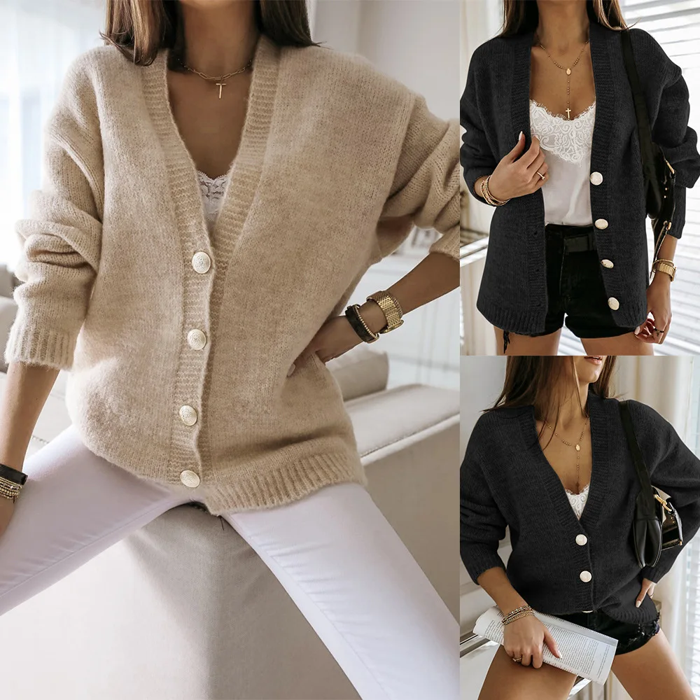 

Autumn/Winter Elegant Women Sweaters Single button V-Neck Long Sleeve Solid Color Slim Knitted Cardigan Coat Women fashion coat