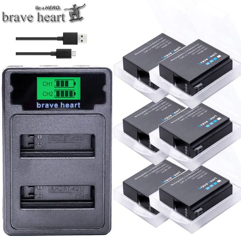 charger and 6battery Hero 4 hero 4 батарея+ lcd USB двойное зарядное устройство для Gopro hero 4 батареи Go Pro hero 4 bateria AHDBT 401 аксессуары для экшн-камеры - Цвет: charger and 6battery