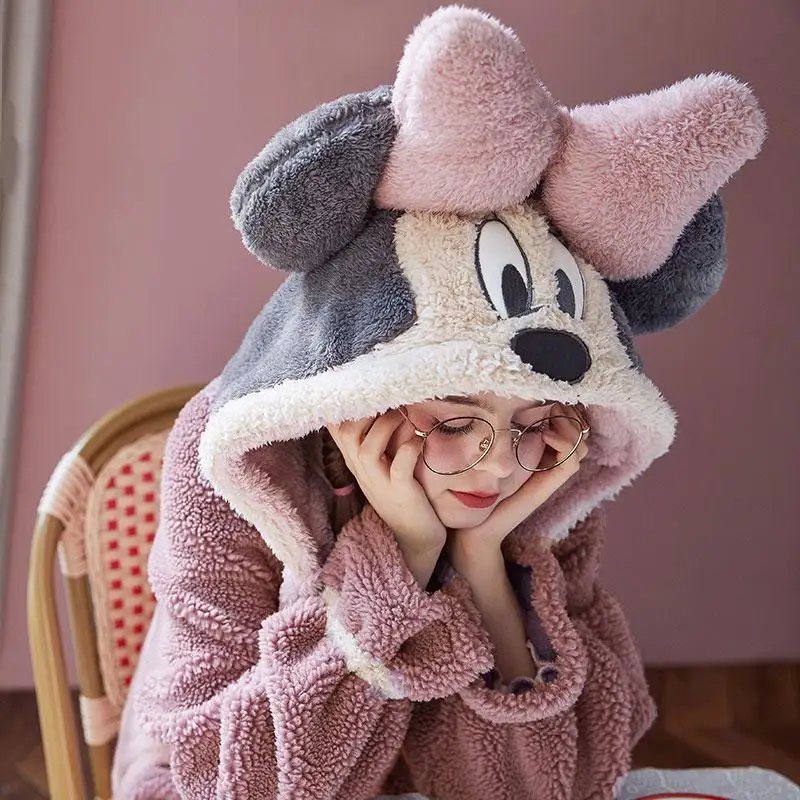 Cartoon Mickey Mouse Pajamas for Women Hooded Nightgown Plush Coral Fleece Sleepwear Autumn Winter Home Clothes Thicken Pijama | Женская