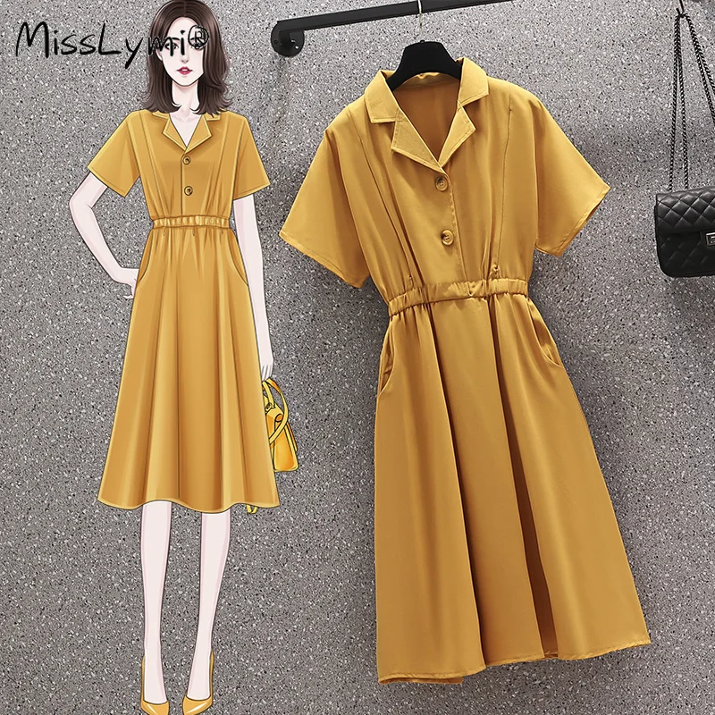 

4XL Plus Size Women French Elegant Yellow Shirt Dress Summer 2021 Short Sleeve Elastic Waist Ladies Chiffon A-Line Midi Dresses