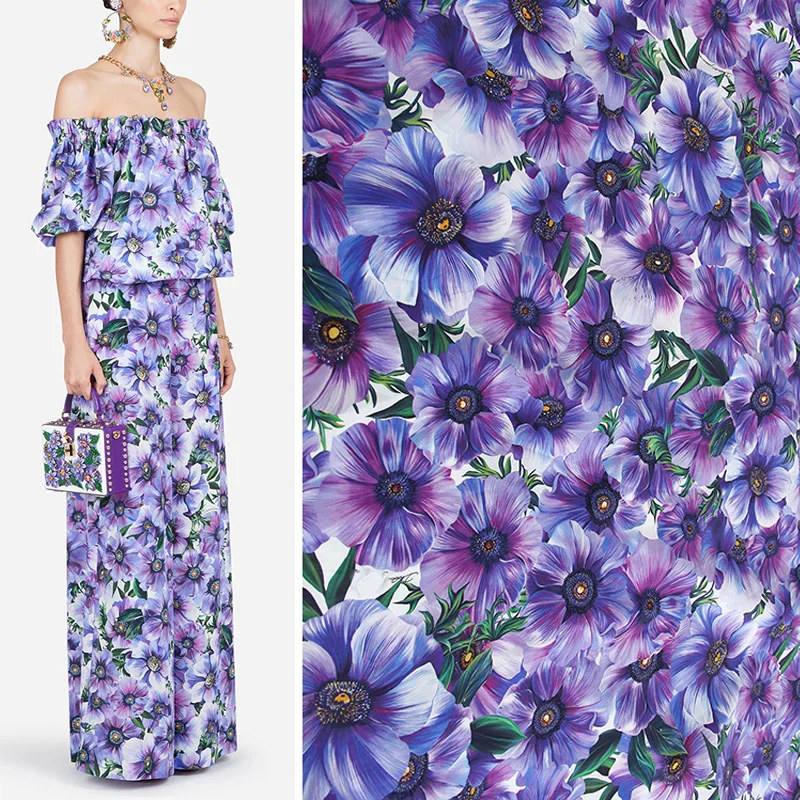 Fashion Sicily Purple Anemone Flower Printed Cotton  Fabric For Woman Summer Dress Blouse Tissu Tela Хлопок материал DIY Cloth