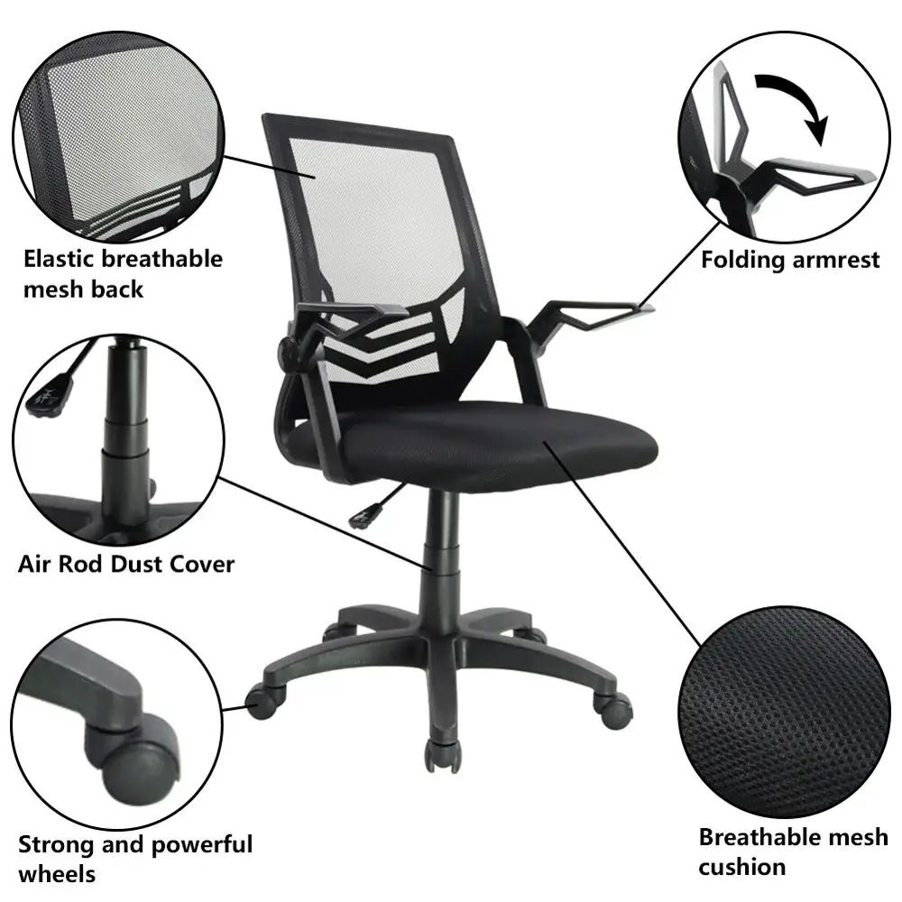 

KKTONER Mid-Back Swivel Height Adjustable Computer Home Office Ergonomic Mesh Chair with Armrest (Black)