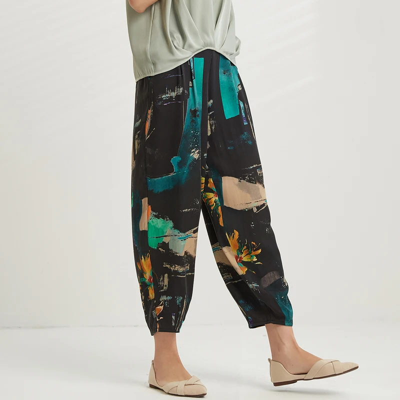 [New product] Jinju spring and summer new elastic waist printed silk and silk women's casual radish pants