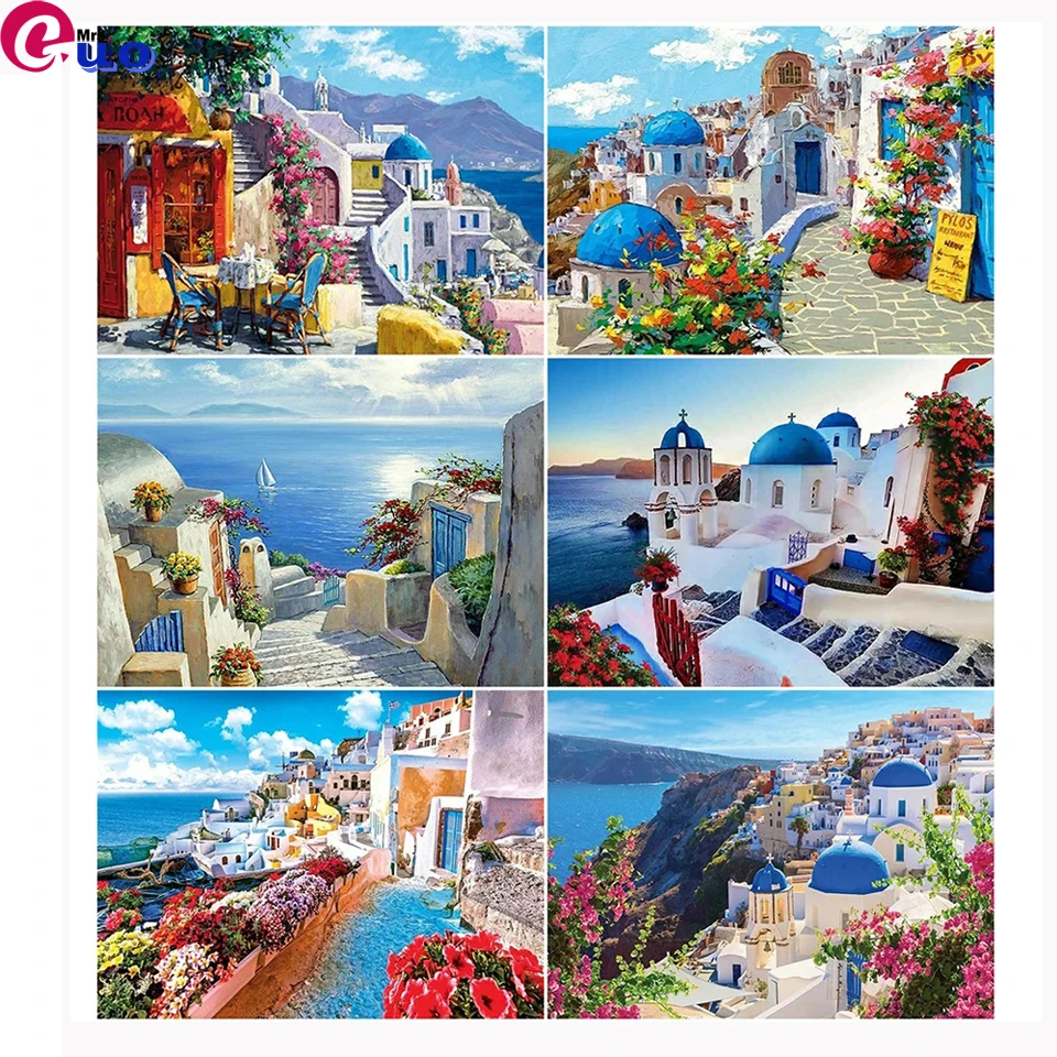 

5D DIY Full Diamond Mosaic Greece Santorini Island Town Scenery Picture Embroidery Living Room Decor Home Diamond Painting Kits