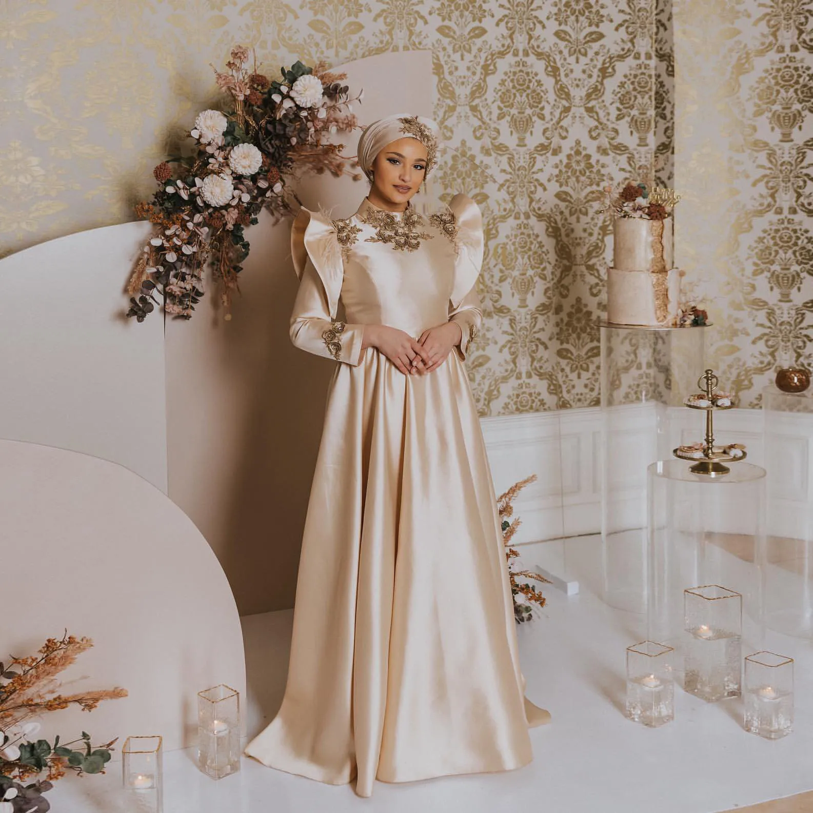 

Champagne Elegant Moroccan Caftan Evening Dress Florr Length A-Line Summer Dress Dubai Muslim Prom Dresses Custom Made Plus Size