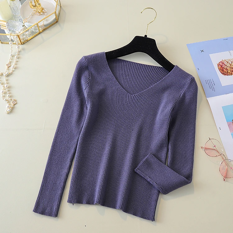 

Abrini 2021 Elastic Female Pullovers Autumn Winter Women Knitted V-neck Sweater Casual Soft Plain Jumper Fashion Slim All-match
