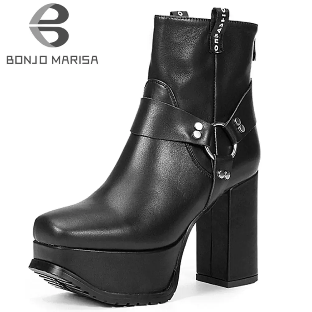 

Ботинки женские на платформе и высоком блочном каблуке, с пряжкой