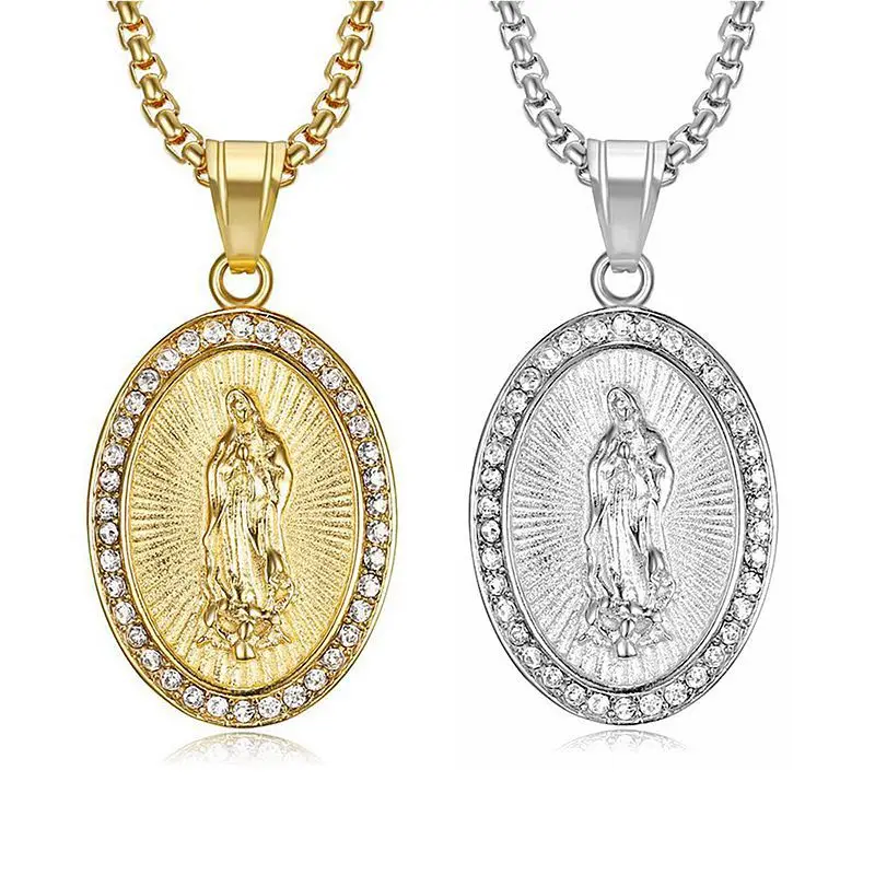 Hip Hop Rhinestones Paved Bling Iced Out Gold Color Stainless Steel Virgin Mary Pendants Necklaces for Men Women Jewelry