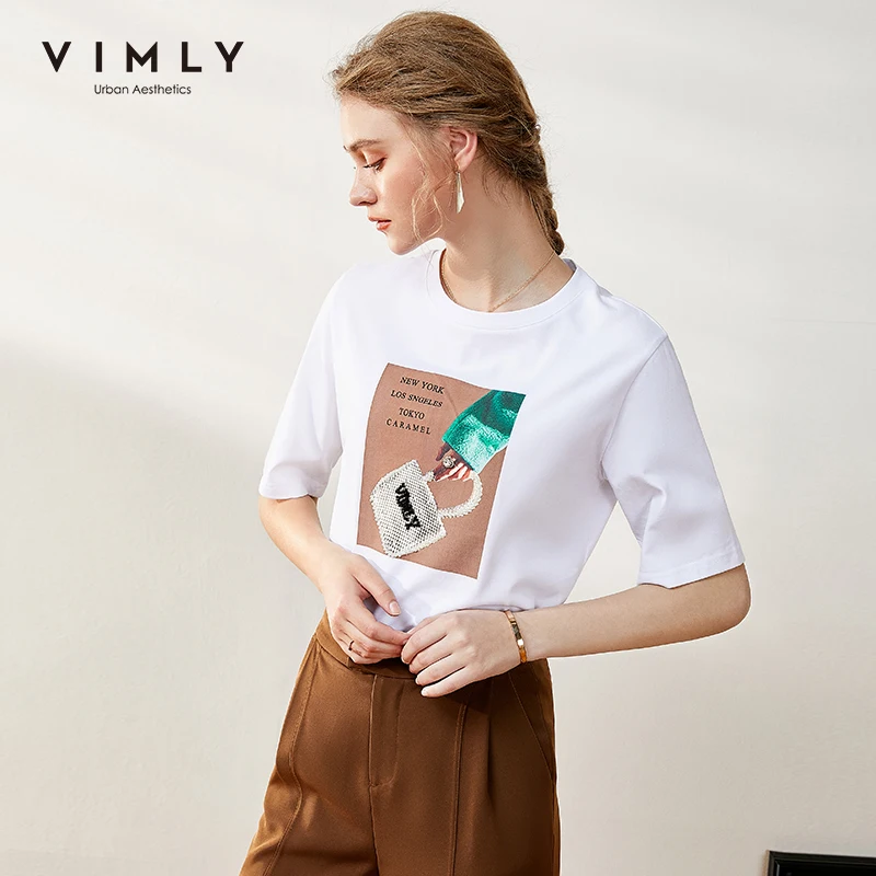 Женская хлопковая Футболка с принтом Vimly повседневная офисная футболка круглым