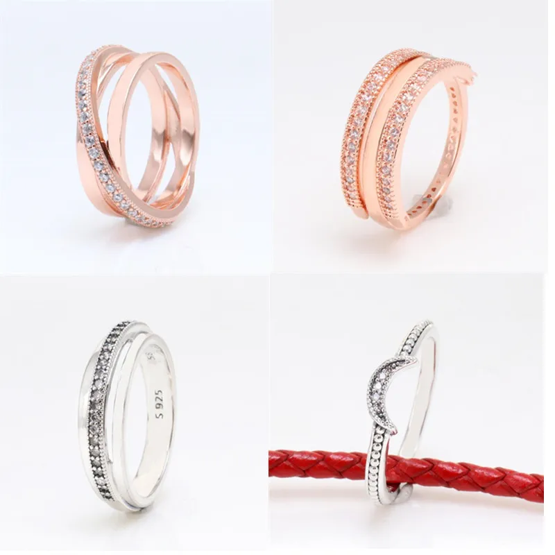 

925 Sterling Silver Rose Gold Pan Ring Reversible Heart And Crystal Ring Women Wedding Party Gift Fashion Jewelry