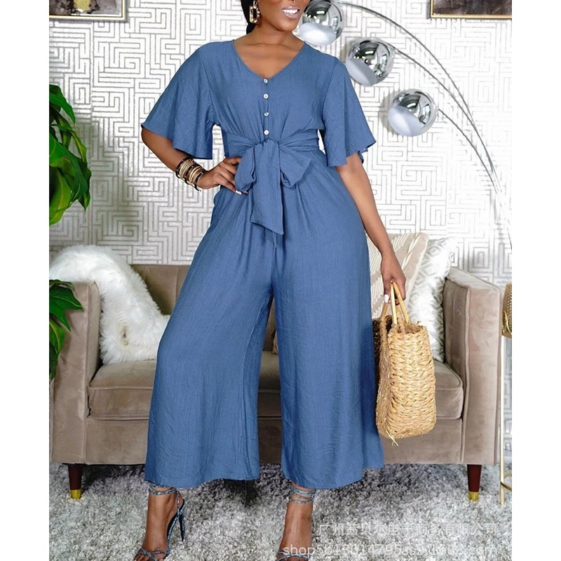 

WEPBEL Lace-up Solid Color Jumpsuits Women's Casual Jumpsuits Summer Short Sleeve Single-Breasted V-neck Wide Leg Jumpsuits