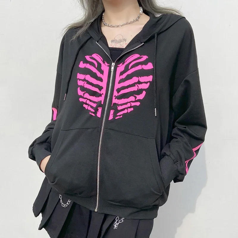 

Y2K Print Oversized Zipper Women Hoodie 2021 Autumn Harajuku Long Sleeve Warm Vintage Casual Drawcord Streetwear Sweatshirts