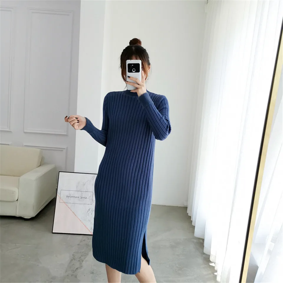 Раздельное однотонное платье с круглым вырезом и длинным рукавом Vestido, милое зимнее трикотажное платье, Осеннее женское элегантное платье, новинка года, модное тонкое мягкое женское платье