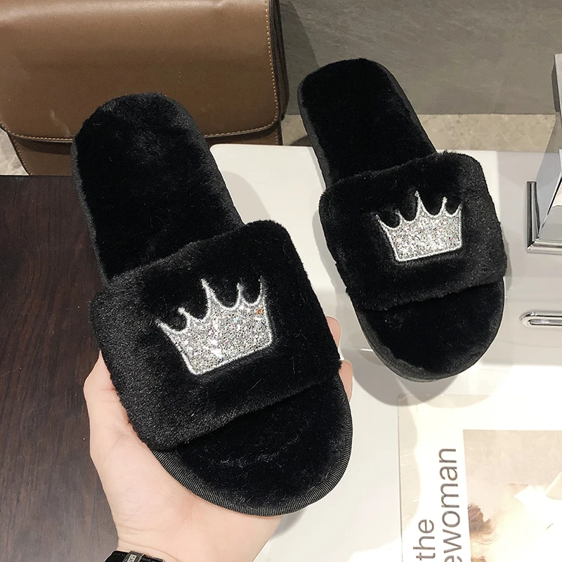 Crown black Зимние женские домашние тапочки; модная теплая обувь с искусственным мехом; женские слипоны на плоской подошве; женские шлепанцы; Цвет черный, розовый; удобные домашние меховые Тапочки - Цвет: Crown black