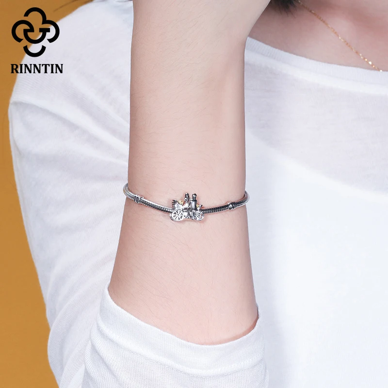 

Rinntin Pure 925 Sterling Silver Bead Wedding Car Romantic Design Gold Color DIY Bracelet For Female Engagement Gift TCB51