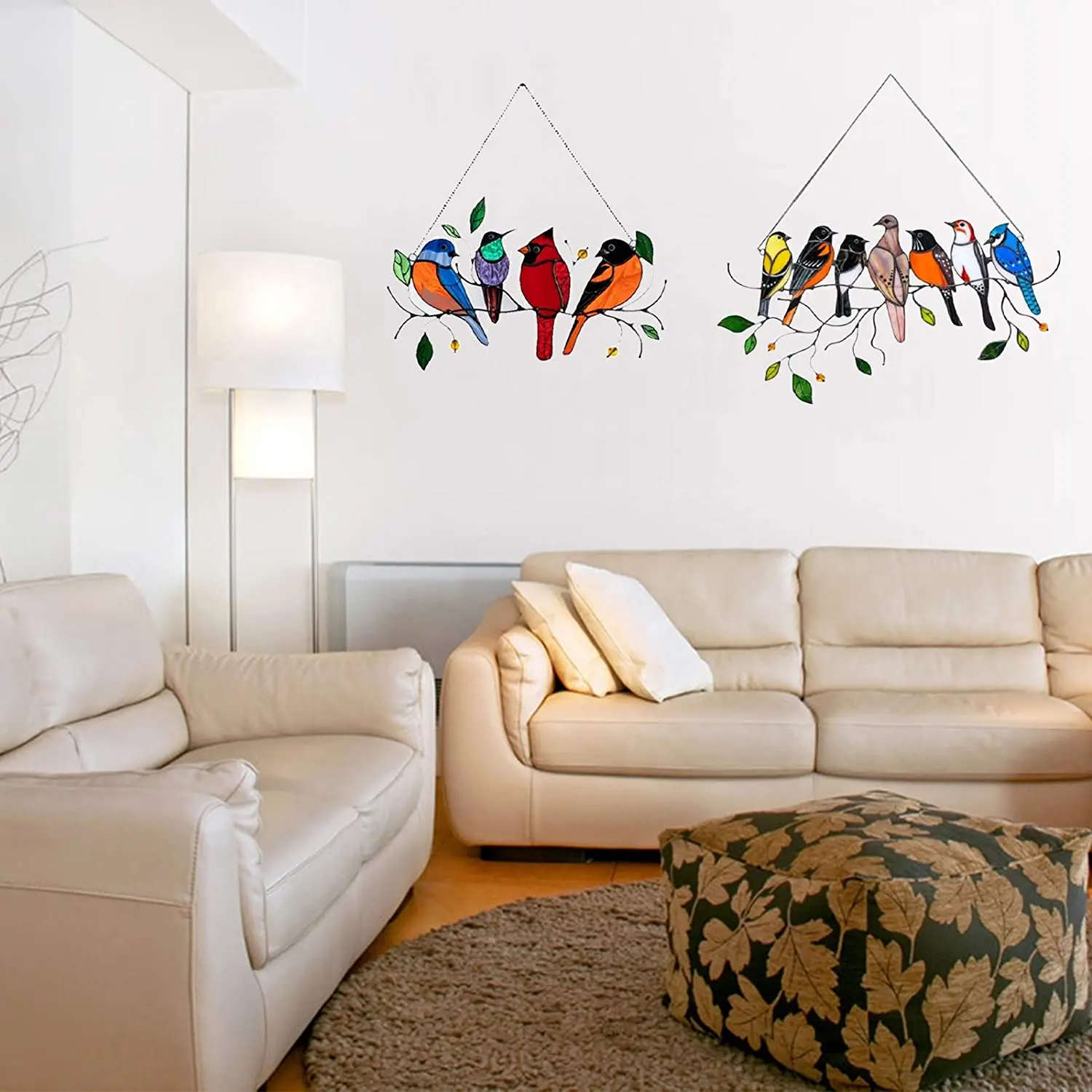 

Multicolor Birds on a Wire High Stained Glass Suncatchers Window Panel Personality Bird Window Hanging Mother's Day