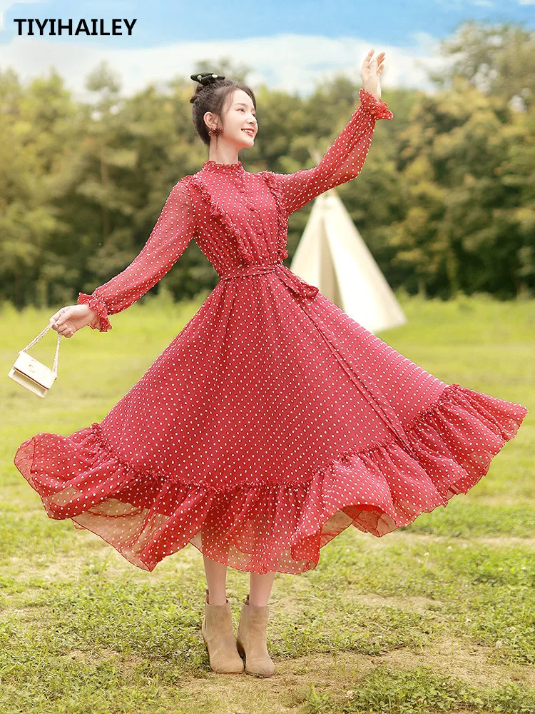 TIYIHAILEY Free Shipping Boshow Women Long Maxi Lantern Sleeve Spring S-L Chiffon Big Hem Ruffles Red Dot Dresses Bandage | Женская