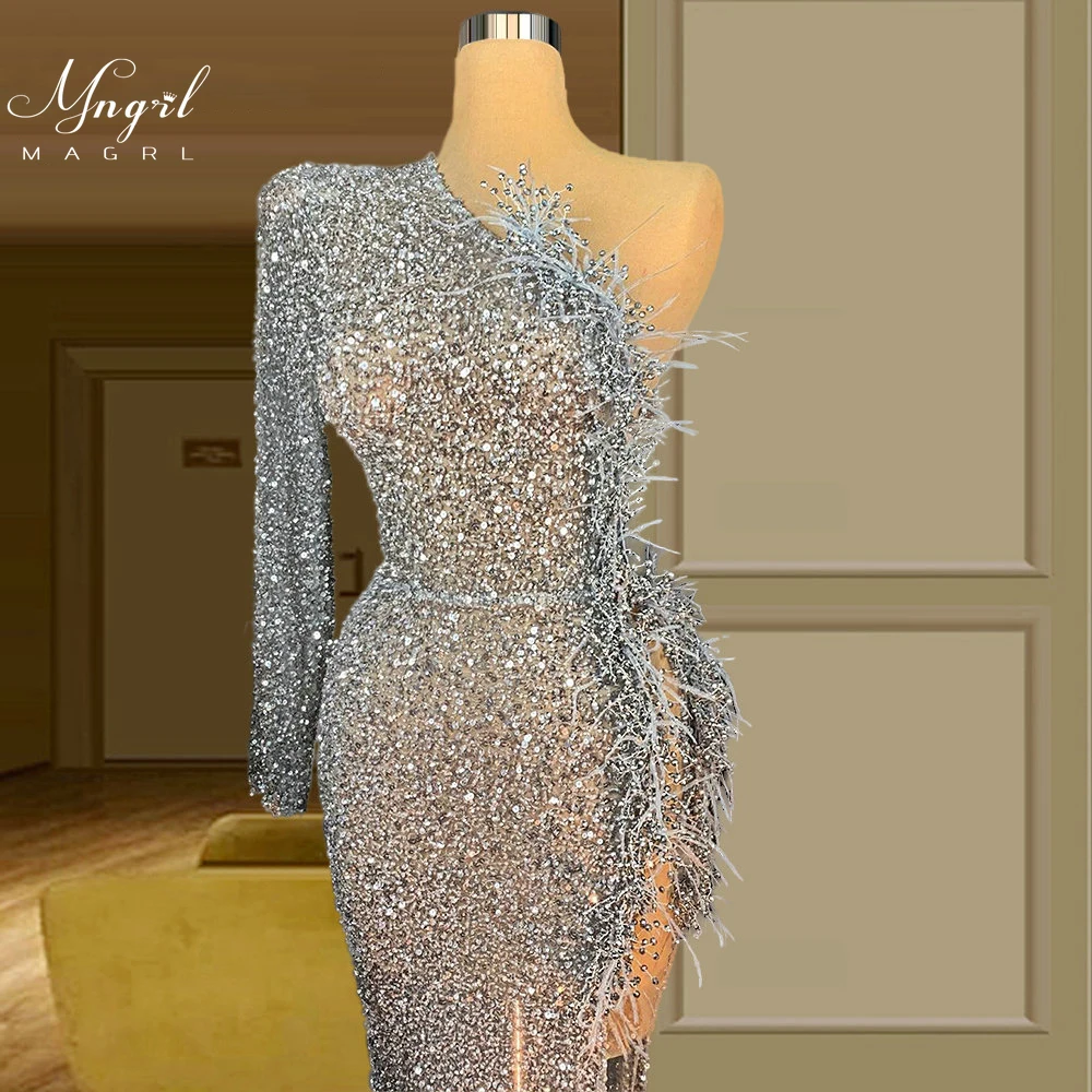 

MNGRL Luxury Evening Dress One-shoulder Long Sleeves Hand-applied Diamonds Glittering 2021 New Evening Dress Party Dress