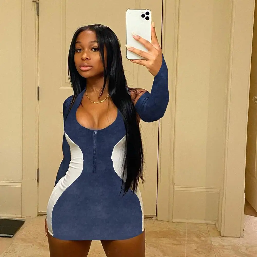

Fall 2020 new sexy solid color party dress fashion slim fit V-Neck long sleeve women's T-shirt Mini Skirt