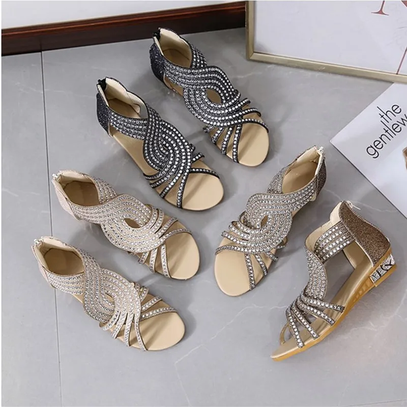 

Summer Women Roman Sandals Fish Mouth Hollow Breathable Comfortable Crystal Rear Zipper Sandals Wear-resistant Fashion Size 42
