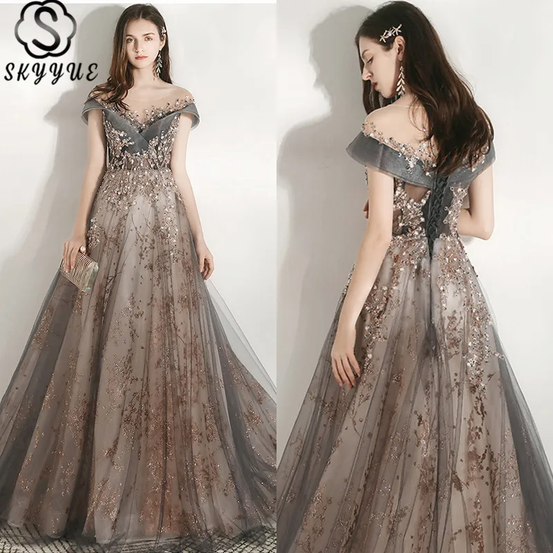 Skyyue вечернее платье с О-образным вырезом коротким рукавом Тюль размера плюс A-Line