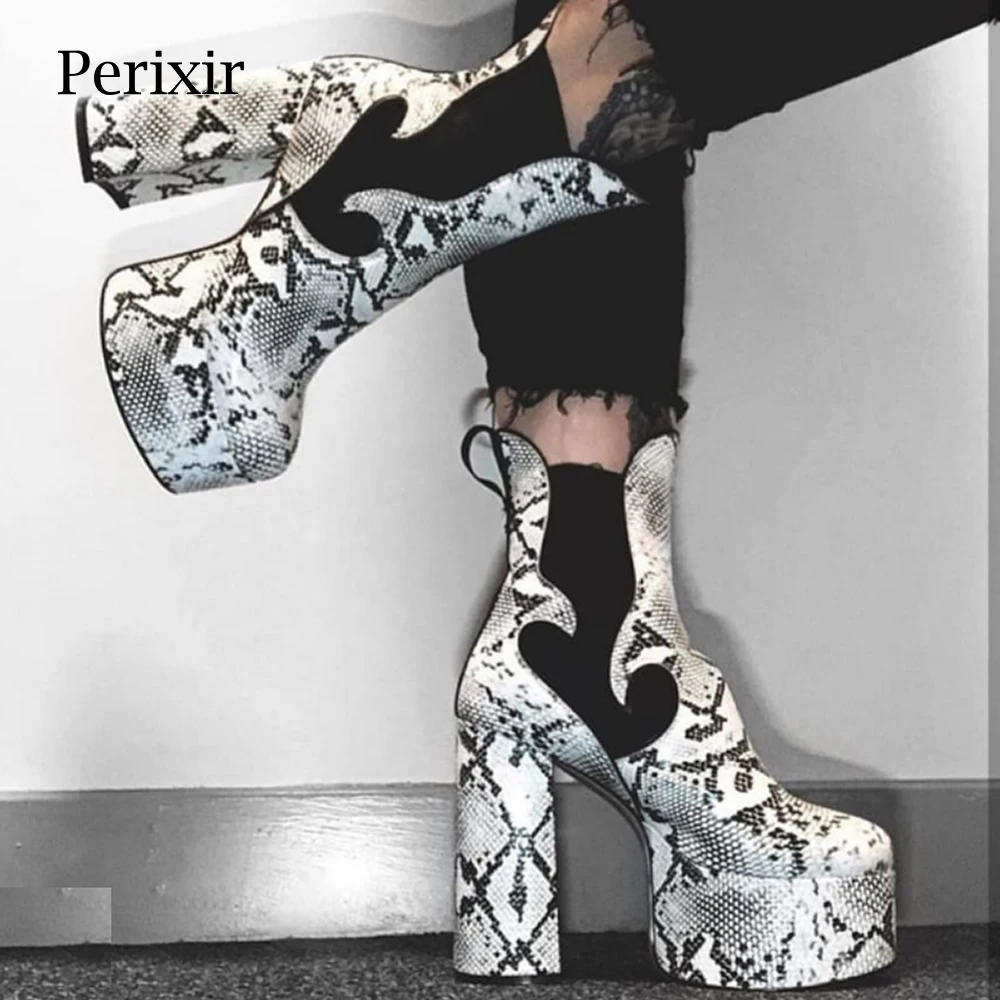 

Perixir Design 2020 New Winter Fashion Snakerskin Woman Boots Super High Heel Platform Ankle White Snake-print Lady Shoes