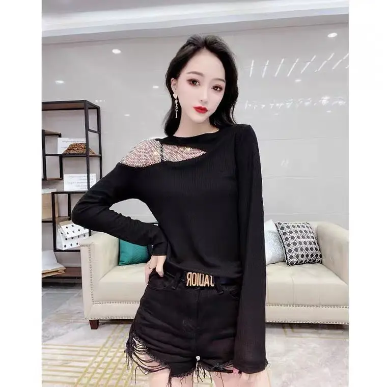 

Autumn and winter 2020 new fashion hot drill T-shirt women's long sleeve foreign Style Sexy thin bottomed top fashion