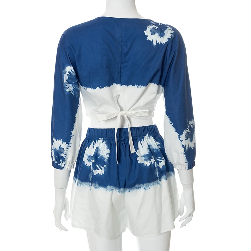 

Bomblook Casual Fashion Women's Suit Summer 2021 Prined O-neck Long Sleeve Crop Panelled Shorts Sets Femme Streetwears