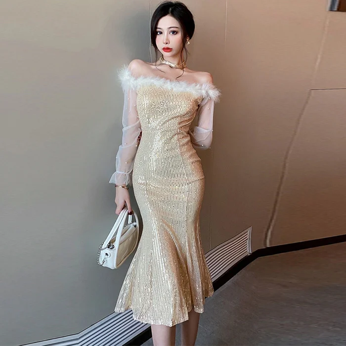 

Autumn Elegant Lady of Note Furry Collar Bright Mesh Long Sleeve Mid-length Dress Slim Fishtail Dress for Women