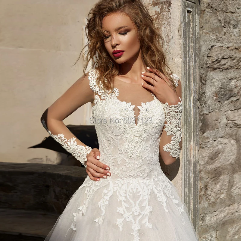 Luxury Tulle Wedding Dresses Lace Appliques Long Sleeves Scoop Up Sweep Train Vestido De Noiva Bridal Gowns | Свадьбы и торжества